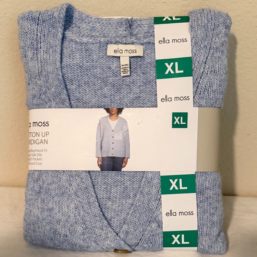 Ella Moss Women's Button Front Cardigan Size XL Blue Relax Boyfriend Fit Cozy